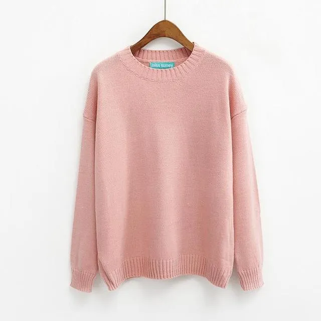 All Match Casual Basic Solid O-neck Long Sleeve Loose Female Sweaters