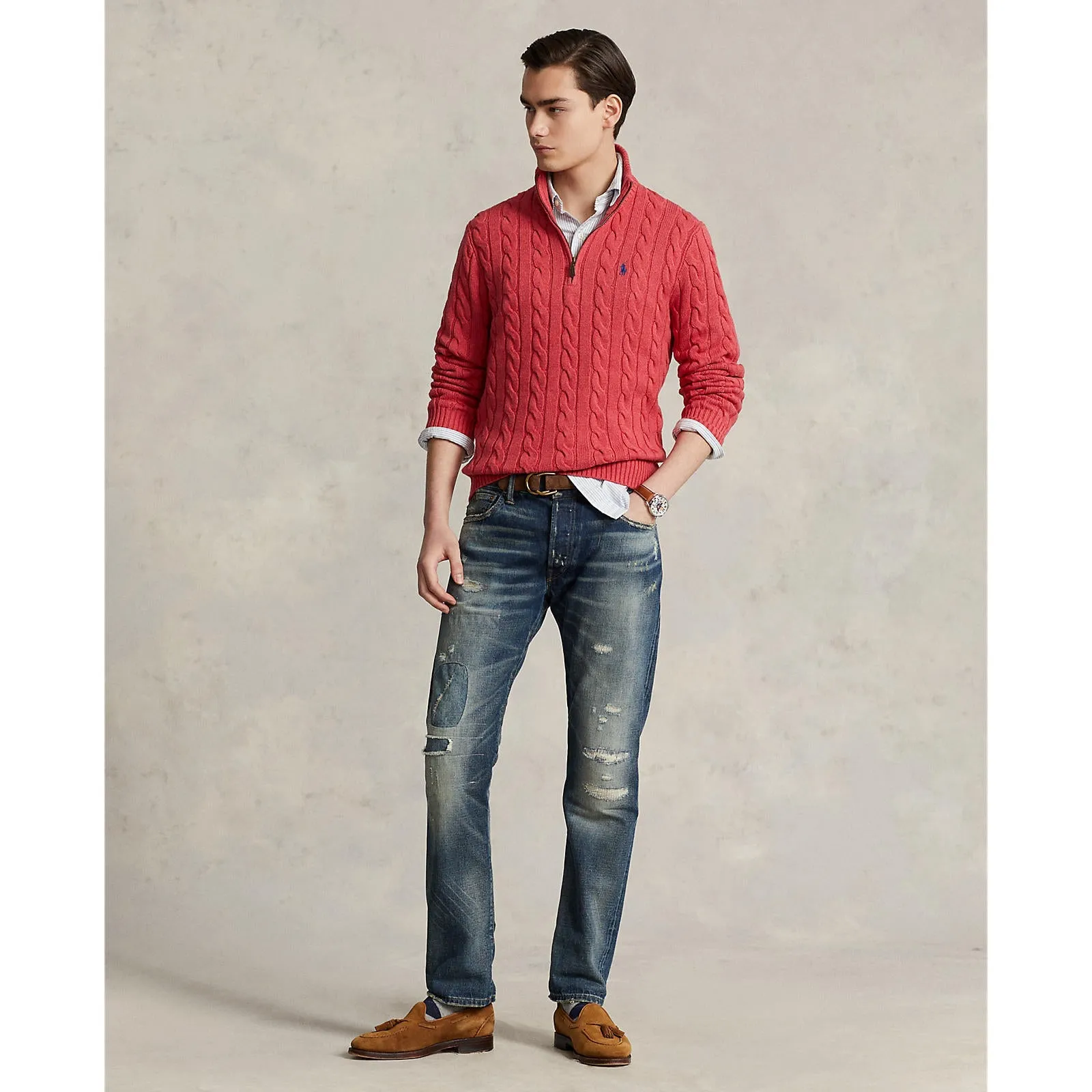 Cotton Cable Knit Sweater in Rich Heather Red Color