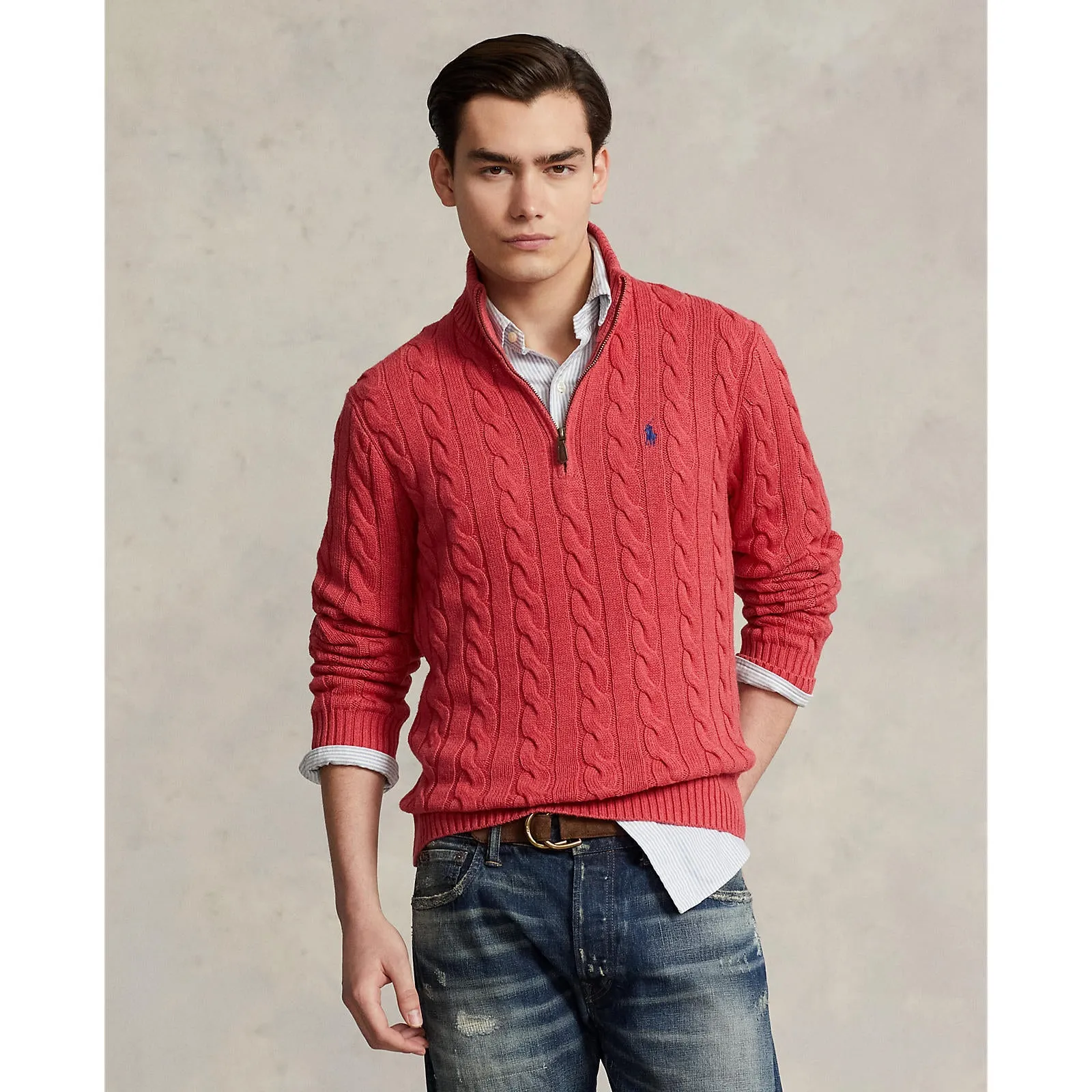 Cotton Cable Knit Sweater in Rich Heather Red Color