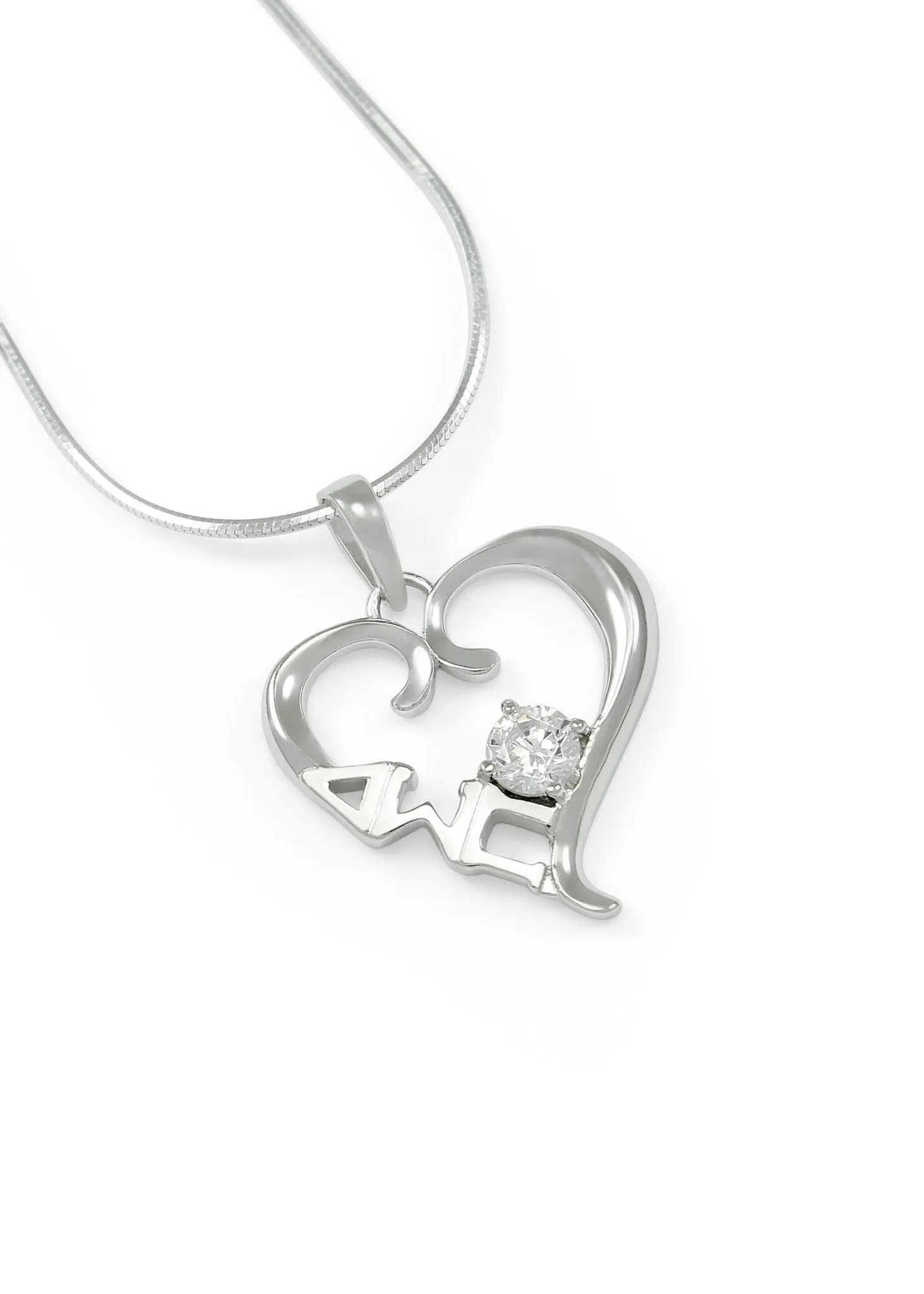 Delta Sigma Pi Sterling Silver Heart Pendant with Clear CZ Crystal