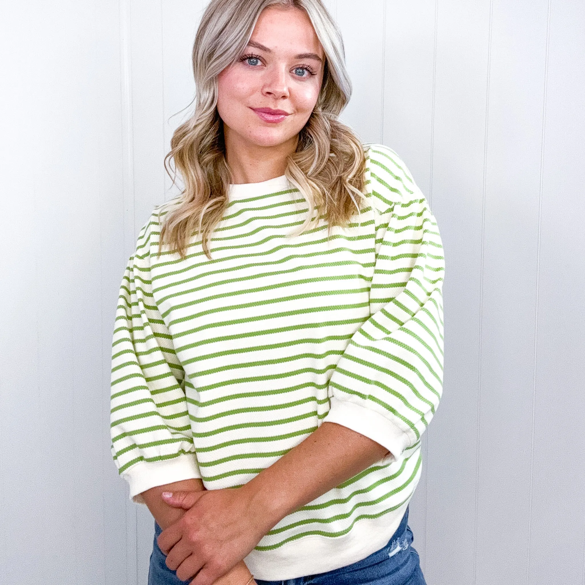 Enrichment Time Lime and White Striped Short Sleeve Sweater Knit Top
