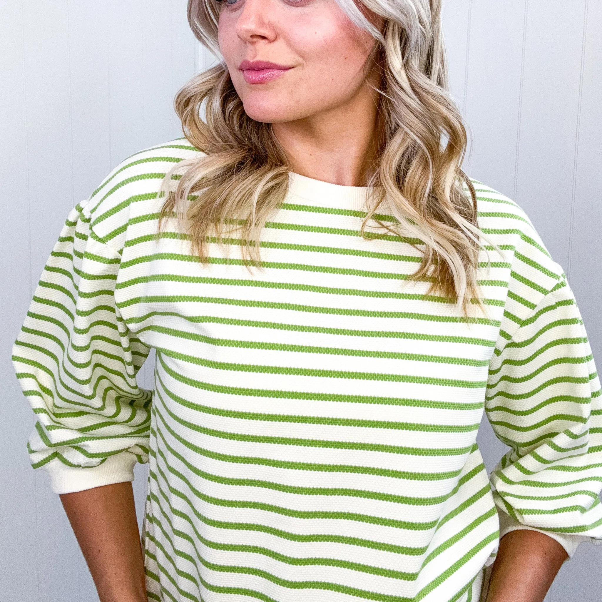 Enrichment Time Lime and White Striped Short Sleeve Sweater Knit Top