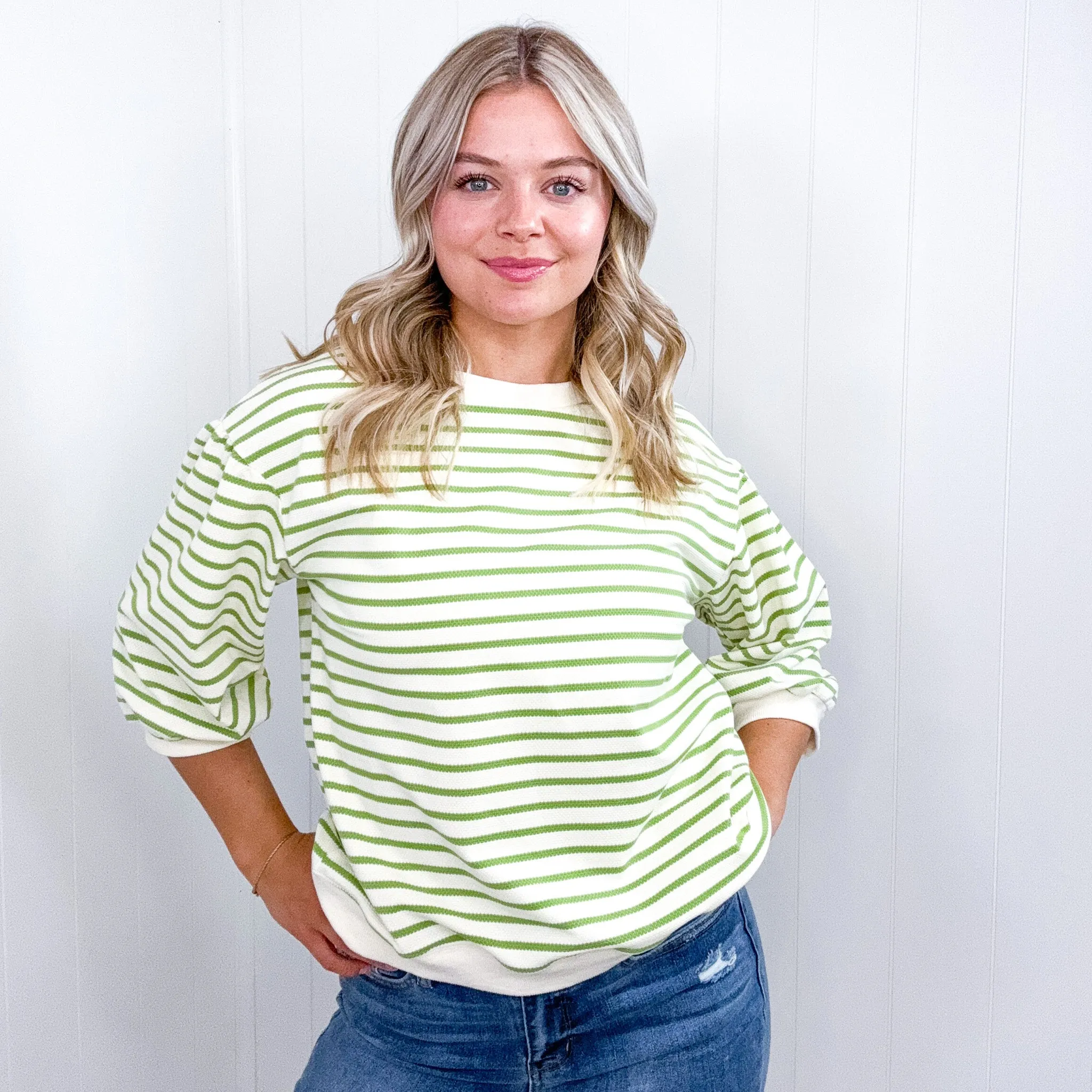Enrichment Time Lime and White Striped Short Sleeve Sweater Knit Top