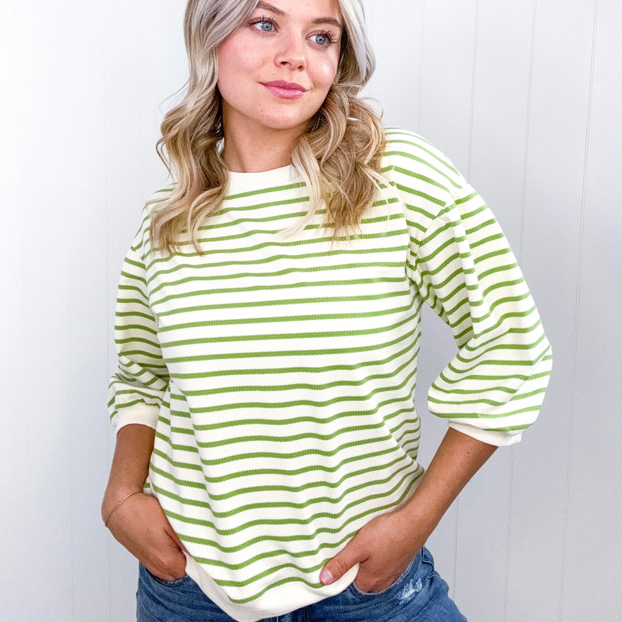 Enrichment Time Lime and White Striped Short Sleeve Sweater Knit Top