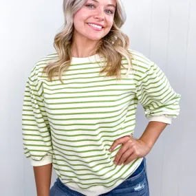 Enrichment Time Lime and White Striped Short Sleeve Sweater Knit Top