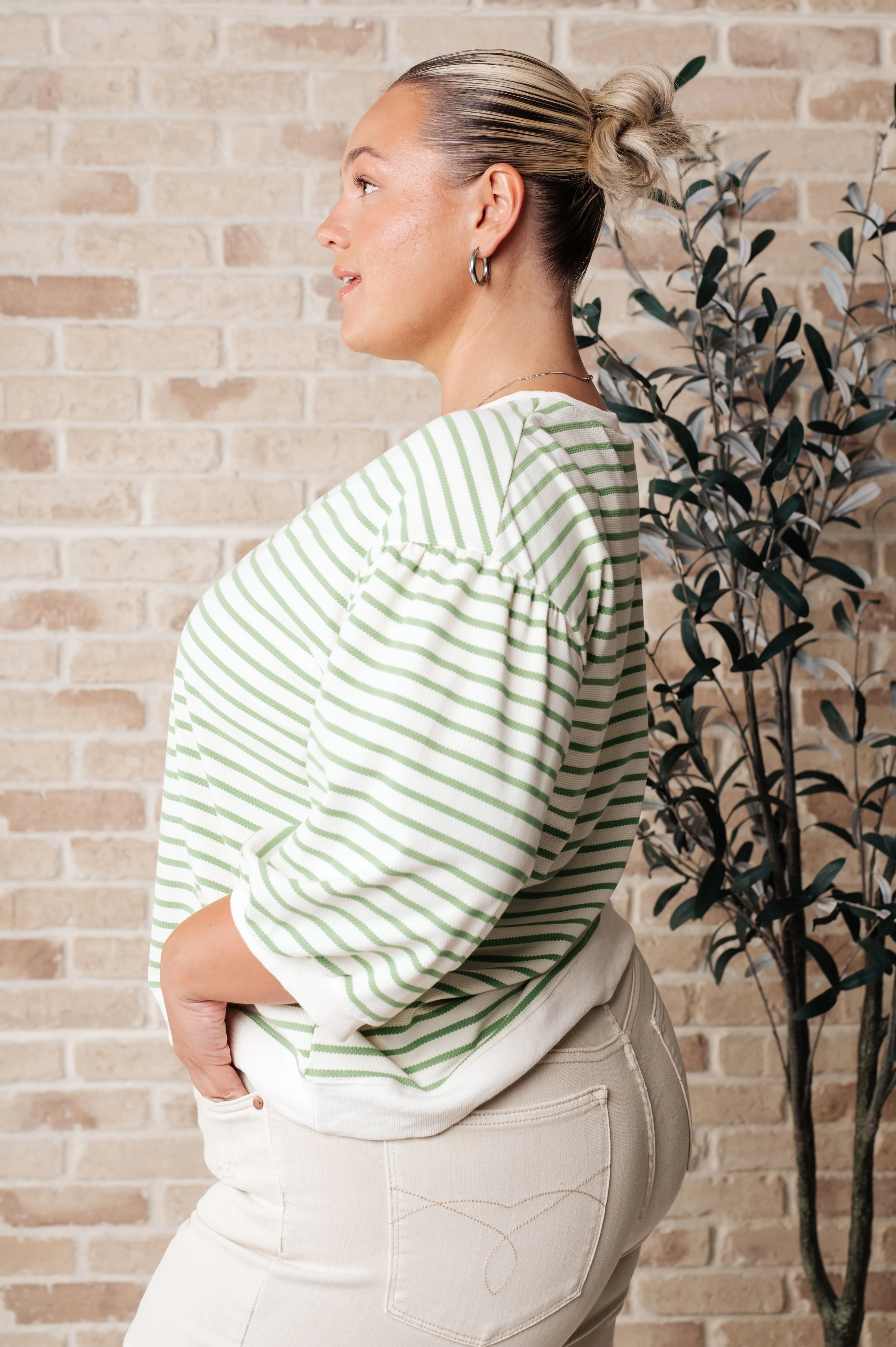 Enrichment Time Lime and White Striped Short Sleeve Sweater Knit Top