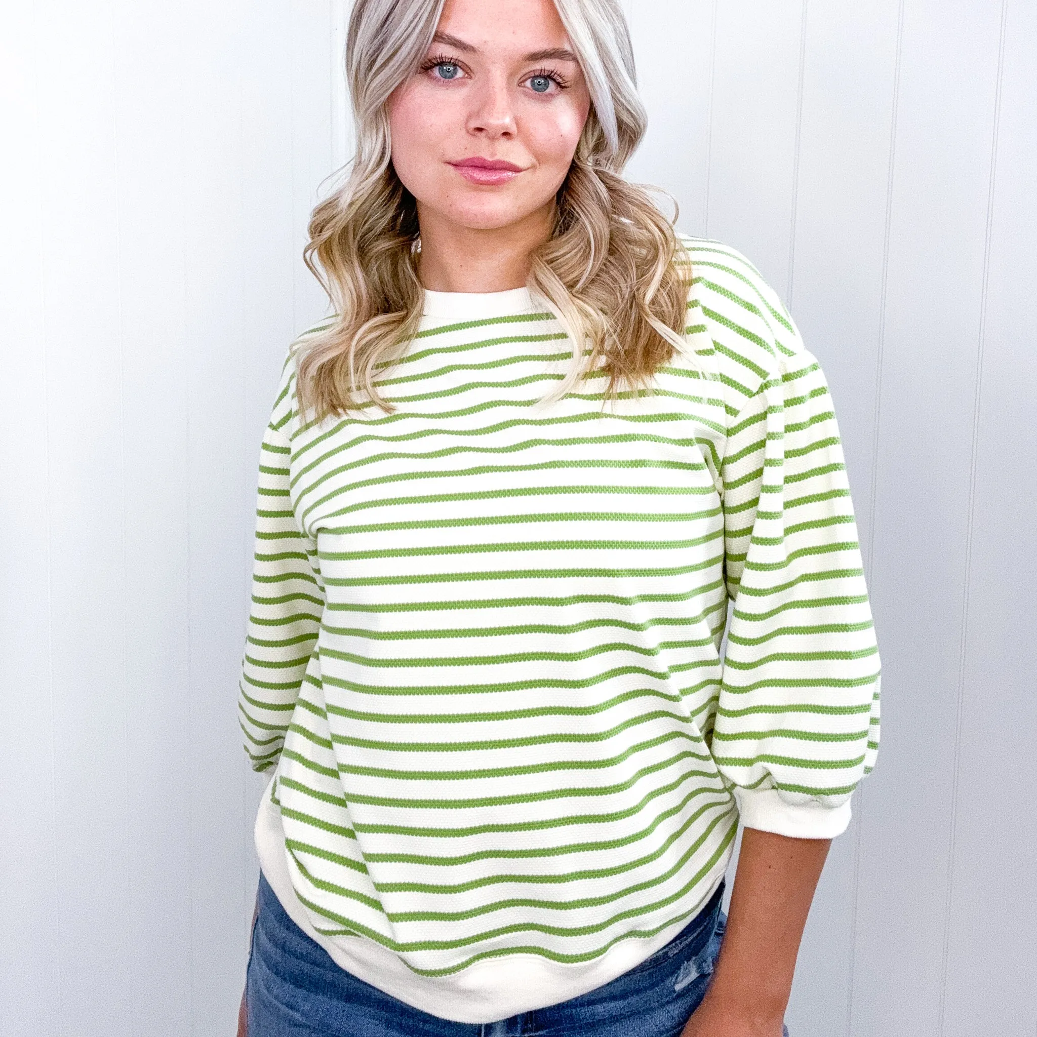 Enrichment Time Lime and White Striped Short Sleeve Sweater Knit Top