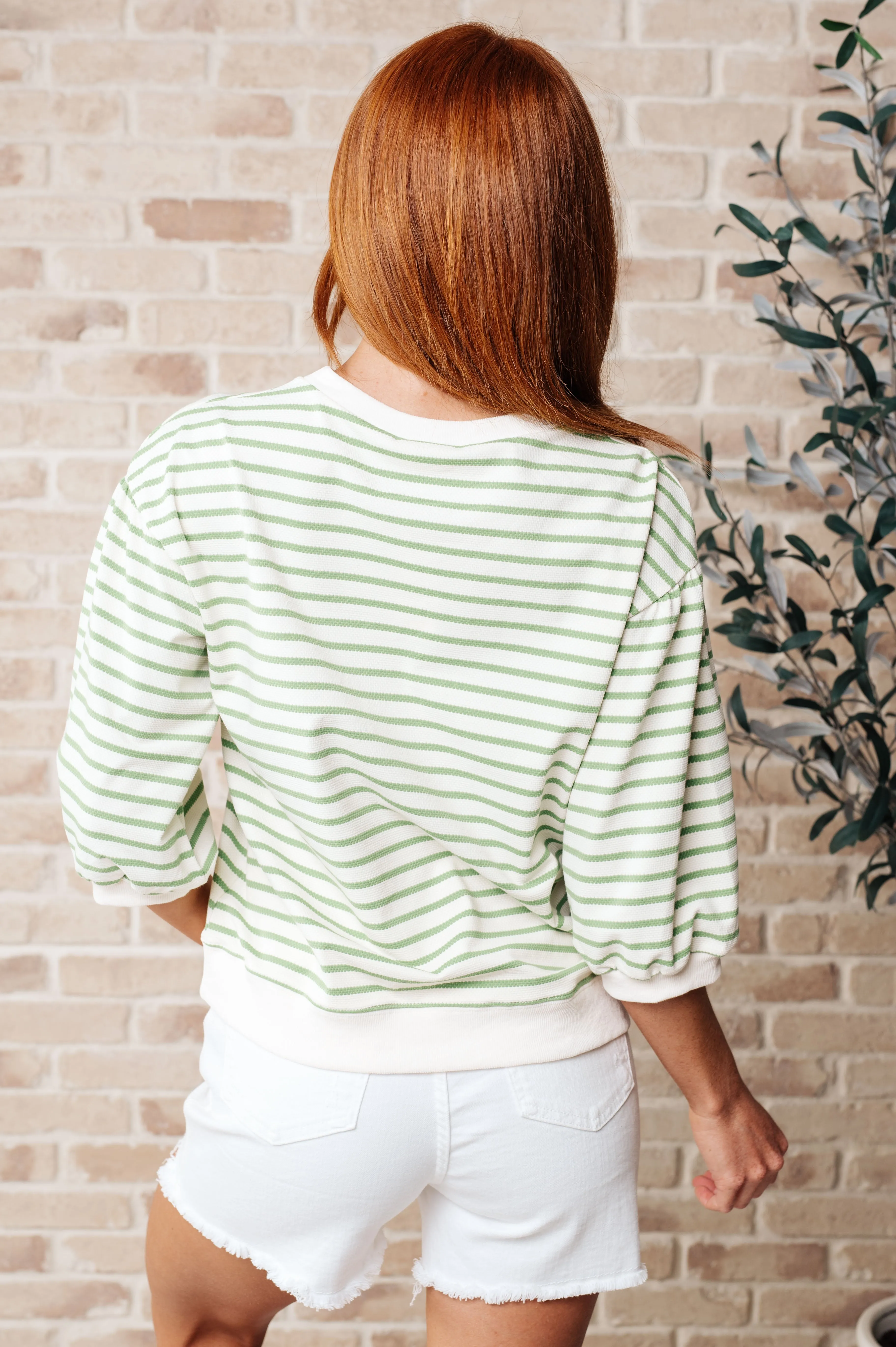 Enrichment Time Lime and White Striped Short Sleeve Sweater Knit Top