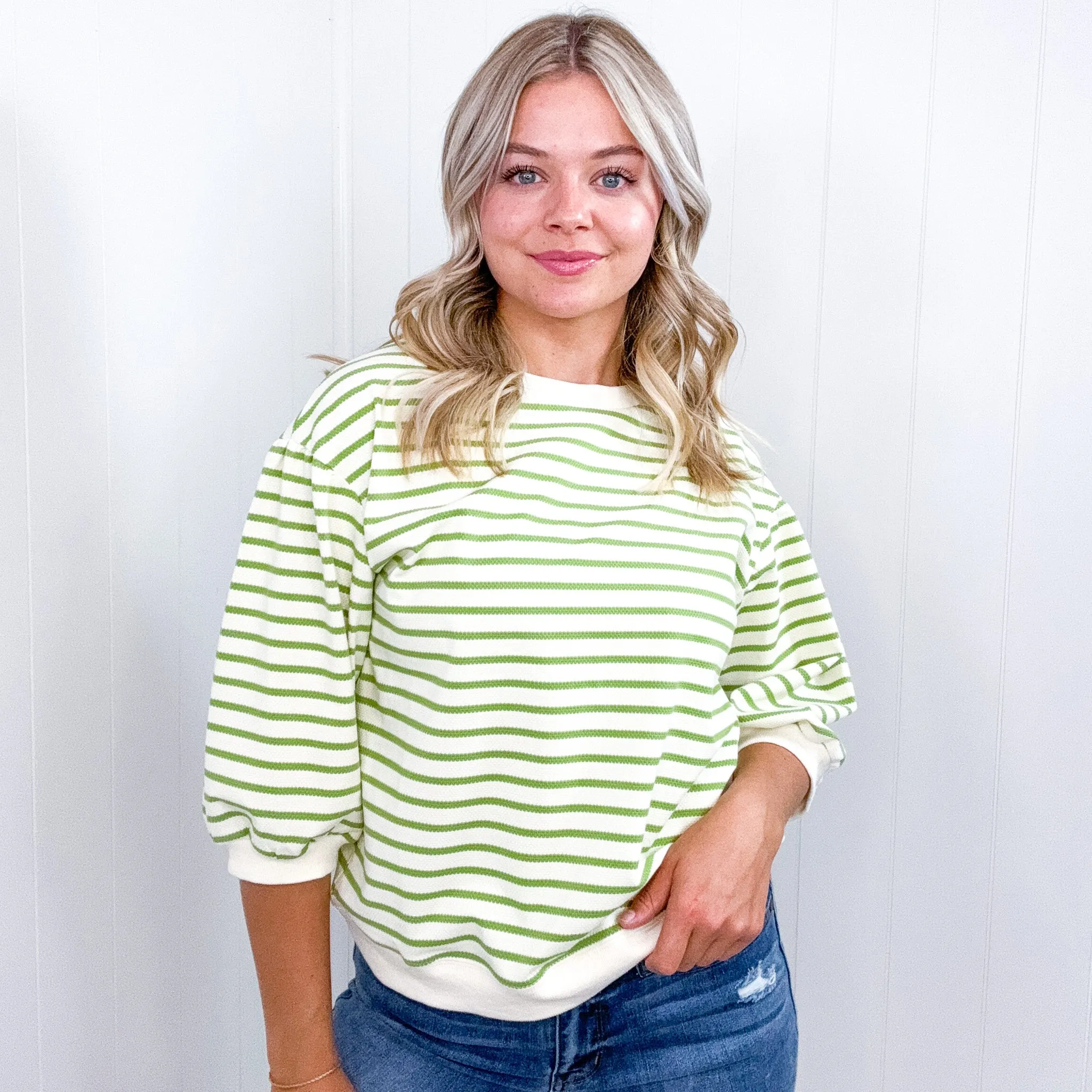 Enrichment Time Lime and White Striped Short Sleeve Sweater Knit Top