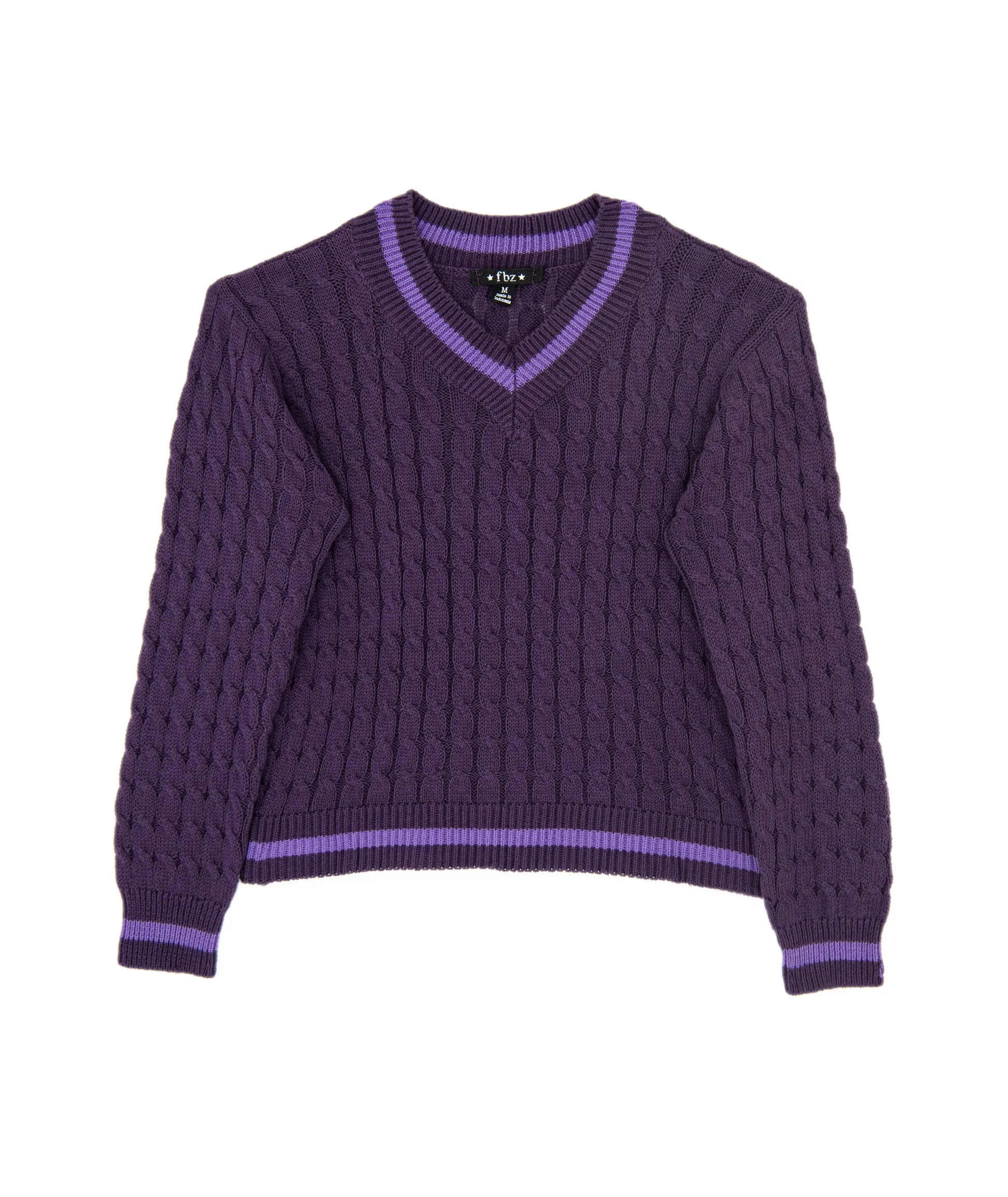 FBZ Girls Purple Cable V-Neck Sweater