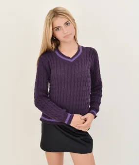 FBZ Girls Purple Cable V-Neck Sweater