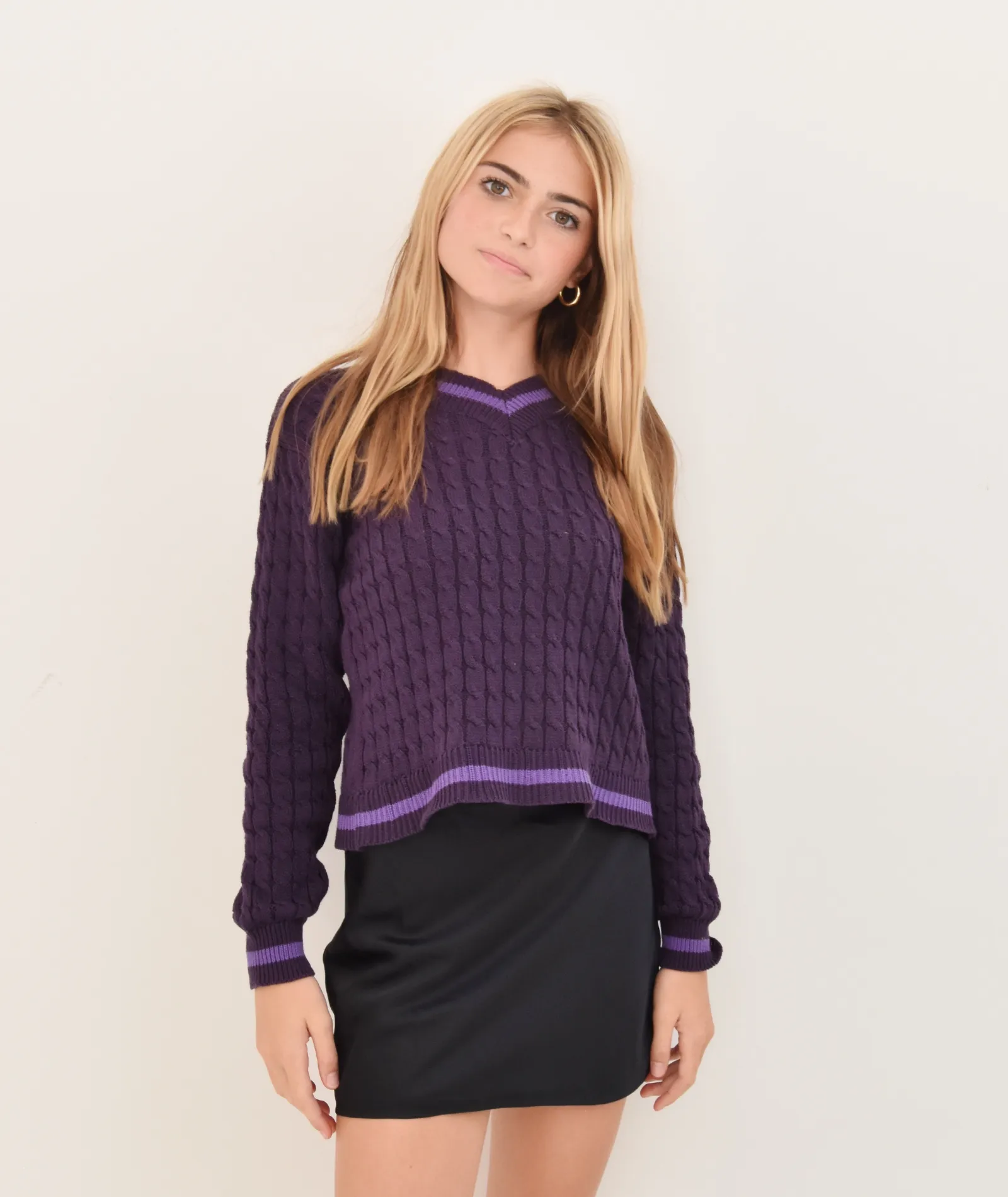 FBZ Girls Purple Cable V-Neck Sweater