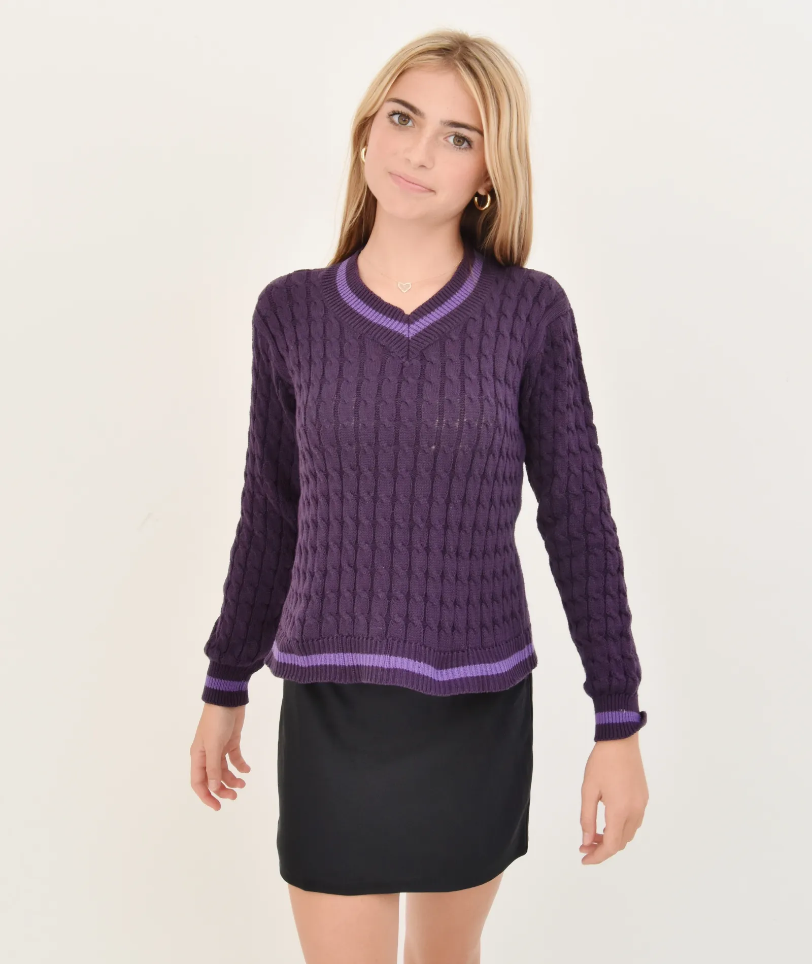 FBZ Girls Purple Cable V-Neck Sweater