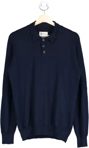 Johnstons of Elgin Blue Wool Longsleeve Polo Shirt UK S