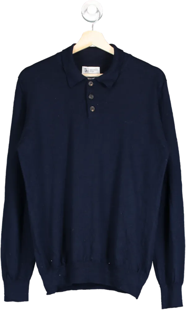 Johnstons of Elgin Blue Wool Longsleeve Polo Shirt UK S