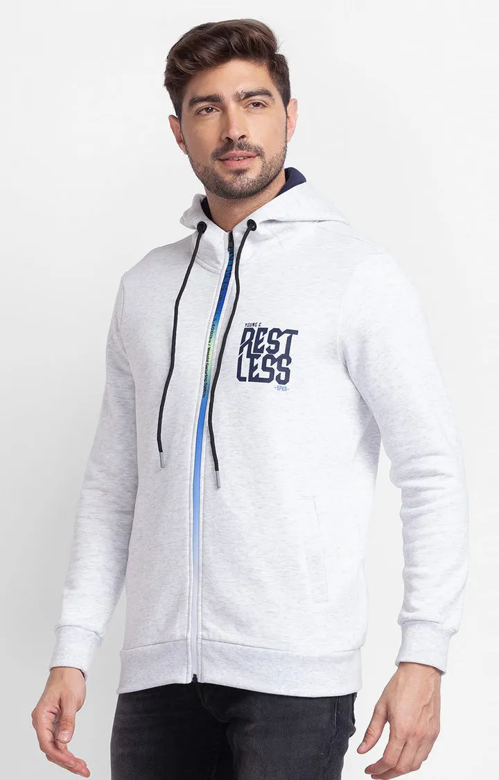 Spykar Ecru Melange Cotton Full Sleeve Hooded Sweatshirt For Men