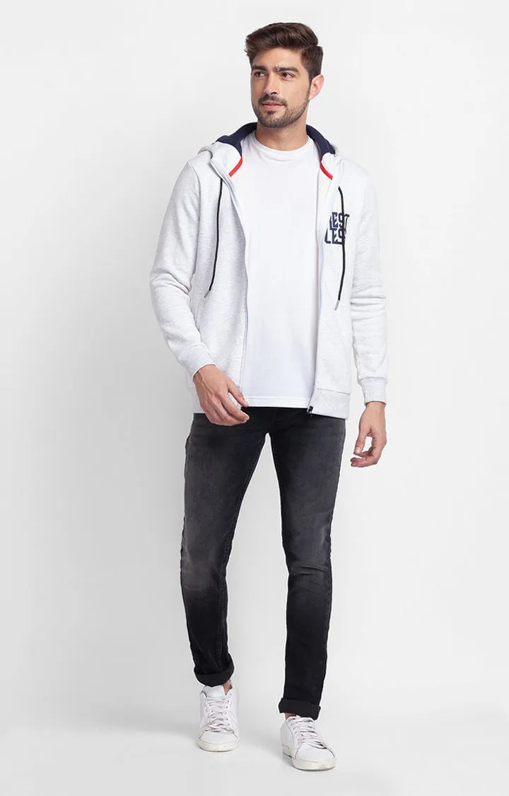 Spykar Ecru Melange Cotton Full Sleeve Hooded Sweatshirt For Men