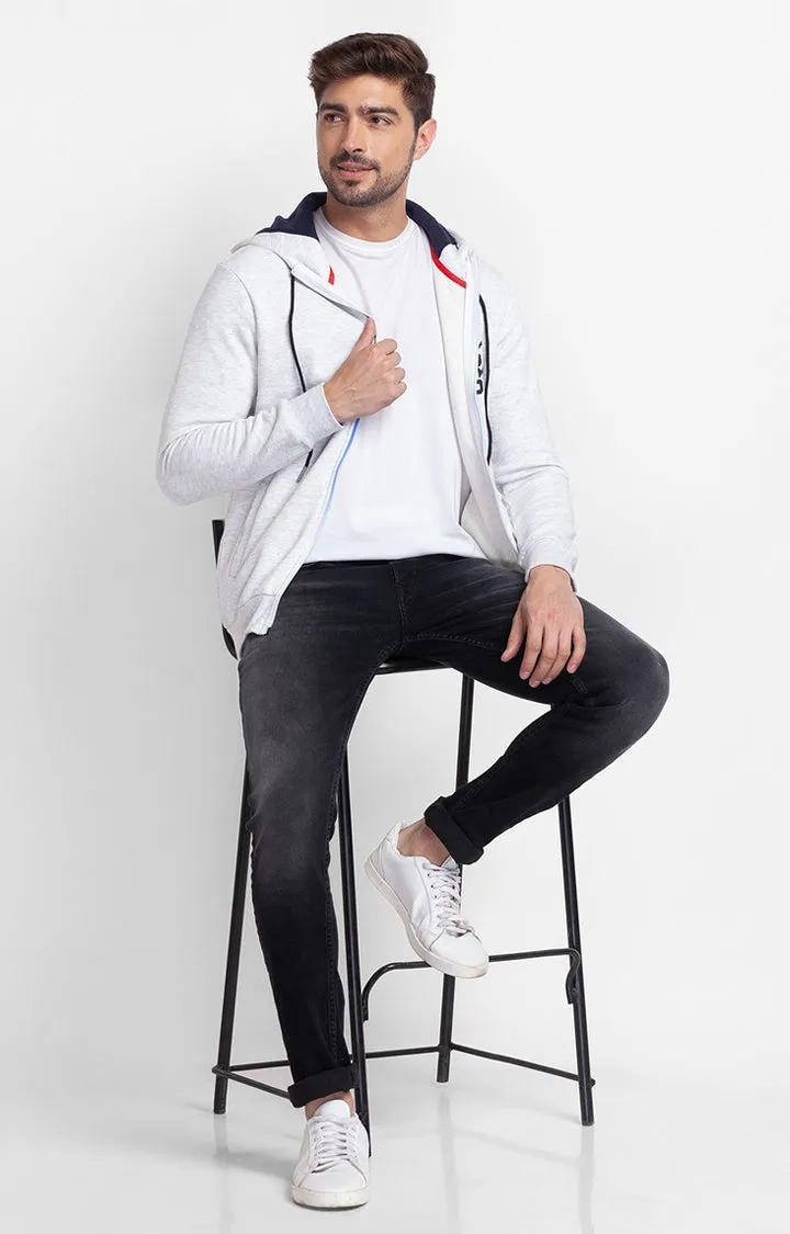 Spykar Ecru Melange Cotton Full Sleeve Hooded Sweatshirt For Men